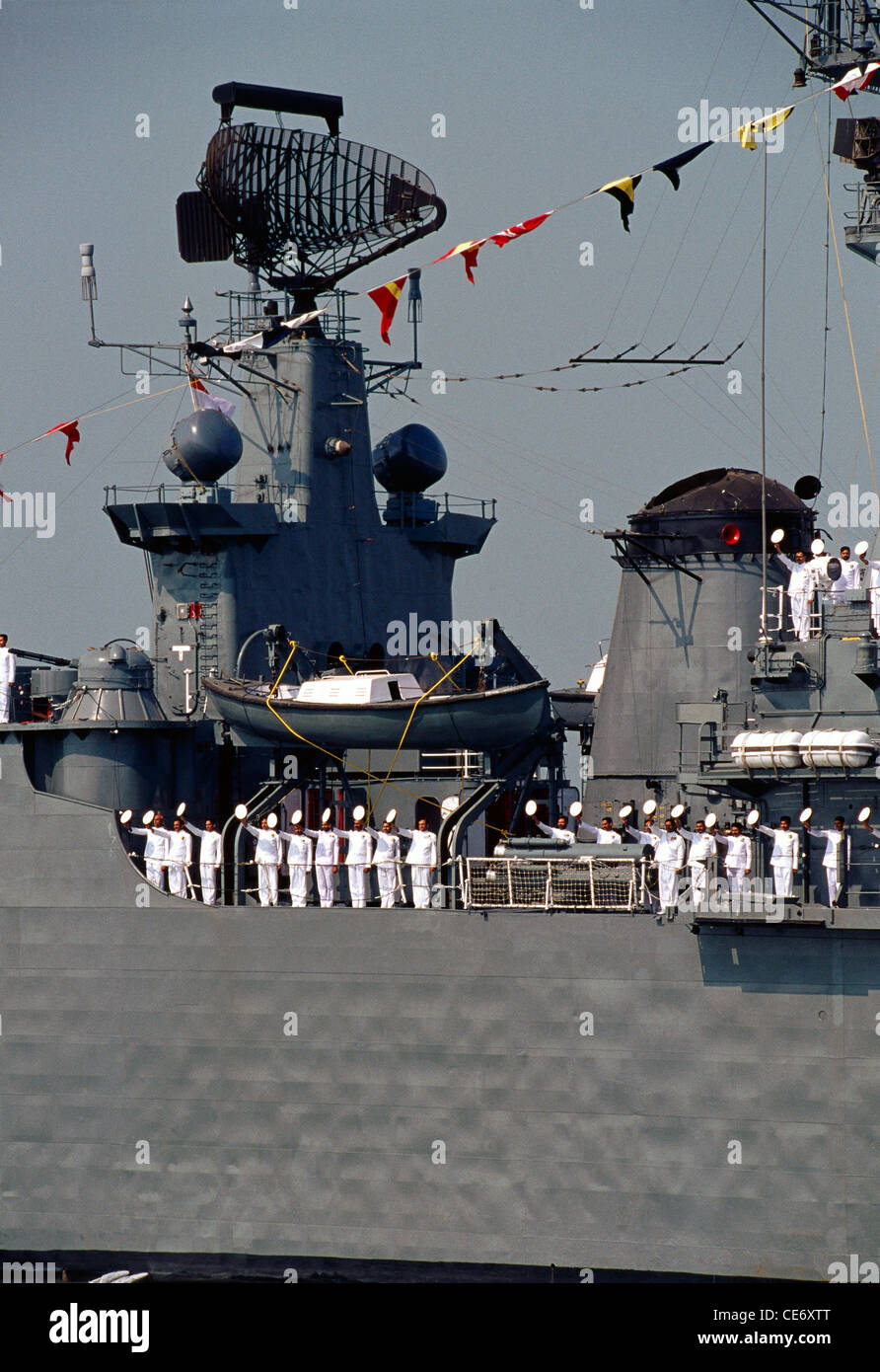 Indian navy war ship mast radar display review bombay mumbai maharashtra india Stock Photo