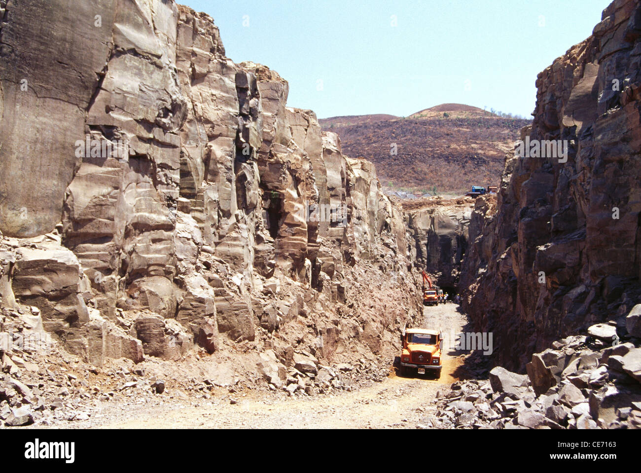 Cutting mountain ; tunnel construction ; Wang Dam site ; Karad ; Satara ; Maharashtra ; India ; asia Stock Photo