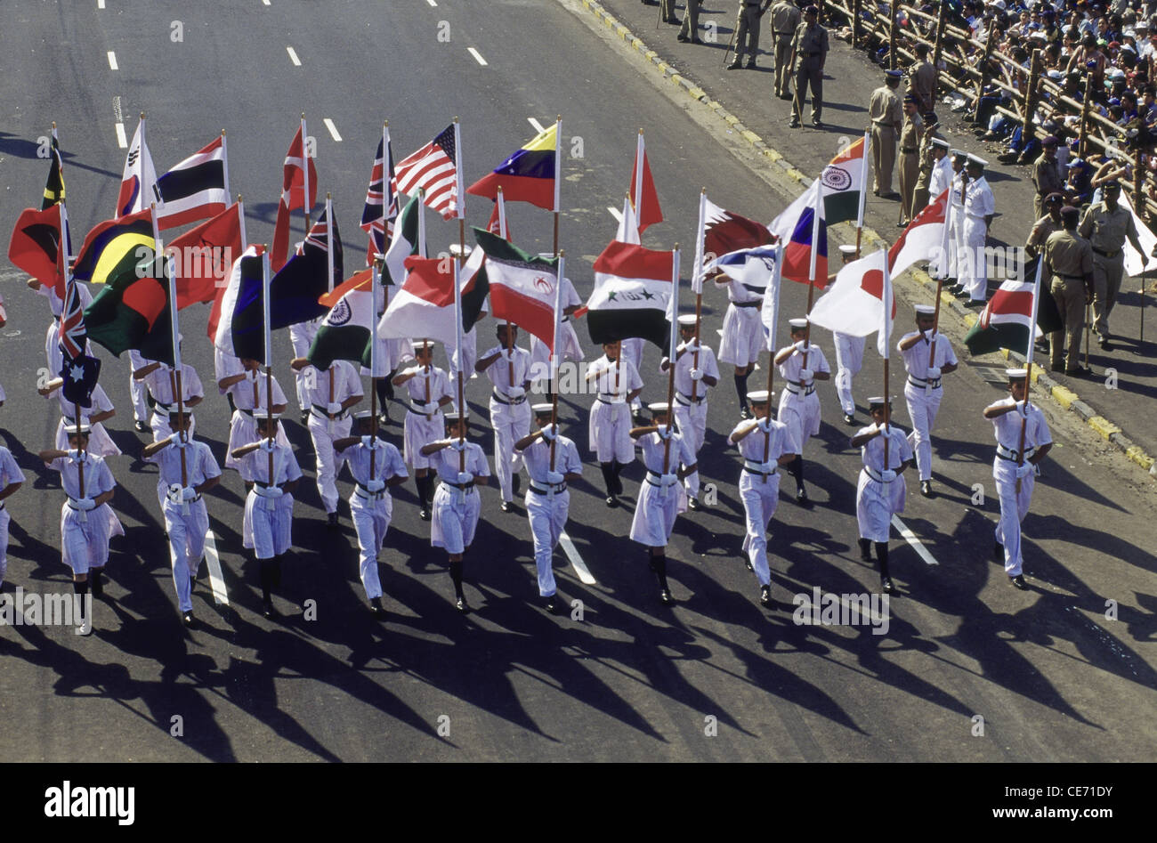 Parade with flags of all countries ; navy display ; bombay mumbai ; maharashtra ; india Stock Photo