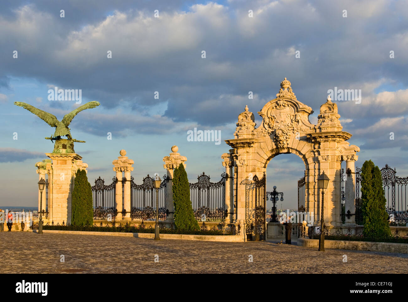 The Turul Bird Statue at the gate entrance to the Royal Palace, Castle Hill District (Varhegy), Buda, Budapest, Hungary. Stock Photo