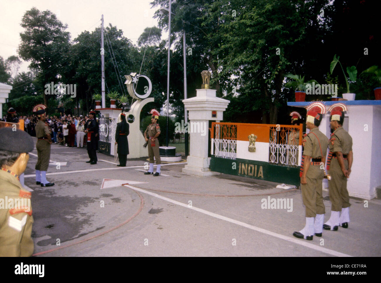 The lowering of the flags ceremony ; Wagah Attari border ceremony ; India ; Pakistan ; Wagah ; Wahga ; Wagha ; Wahgah ; Stock Photo