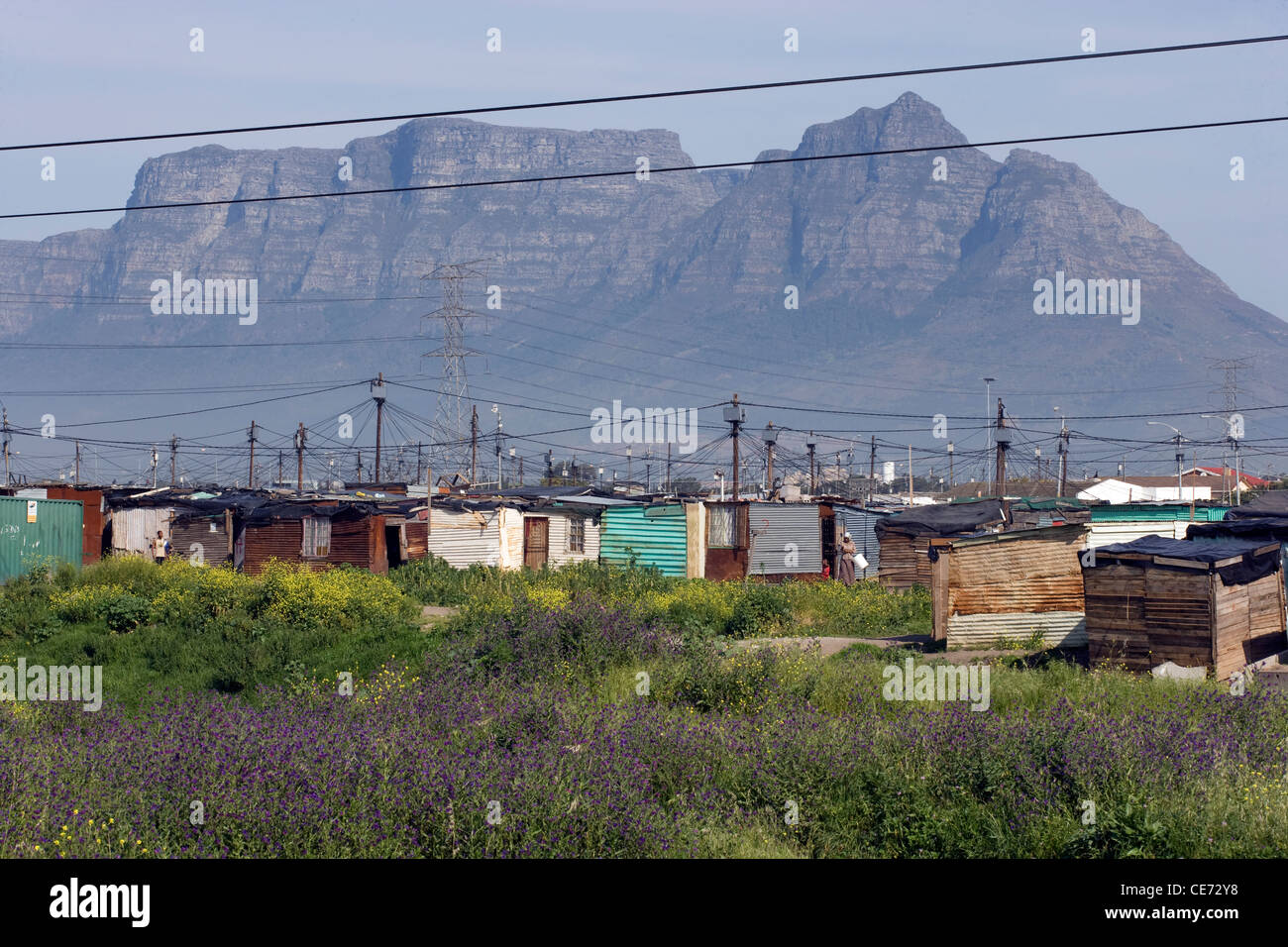 Cape Town Langa Township shacks set against Table Mountain Stock