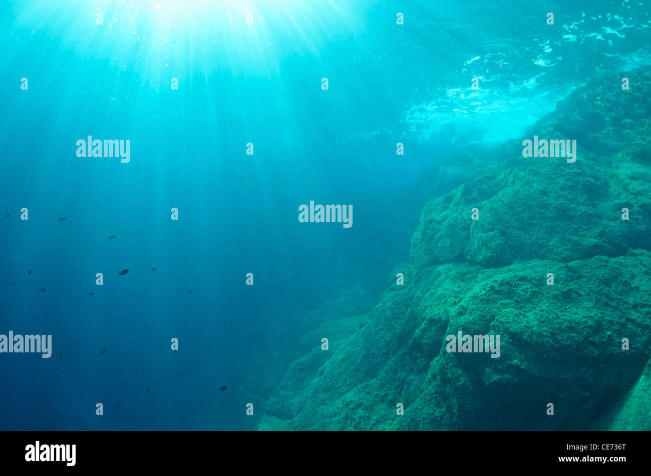 Sunrays penetrating waters surface, Port-Cros island, France (underwater view) Stock Photo