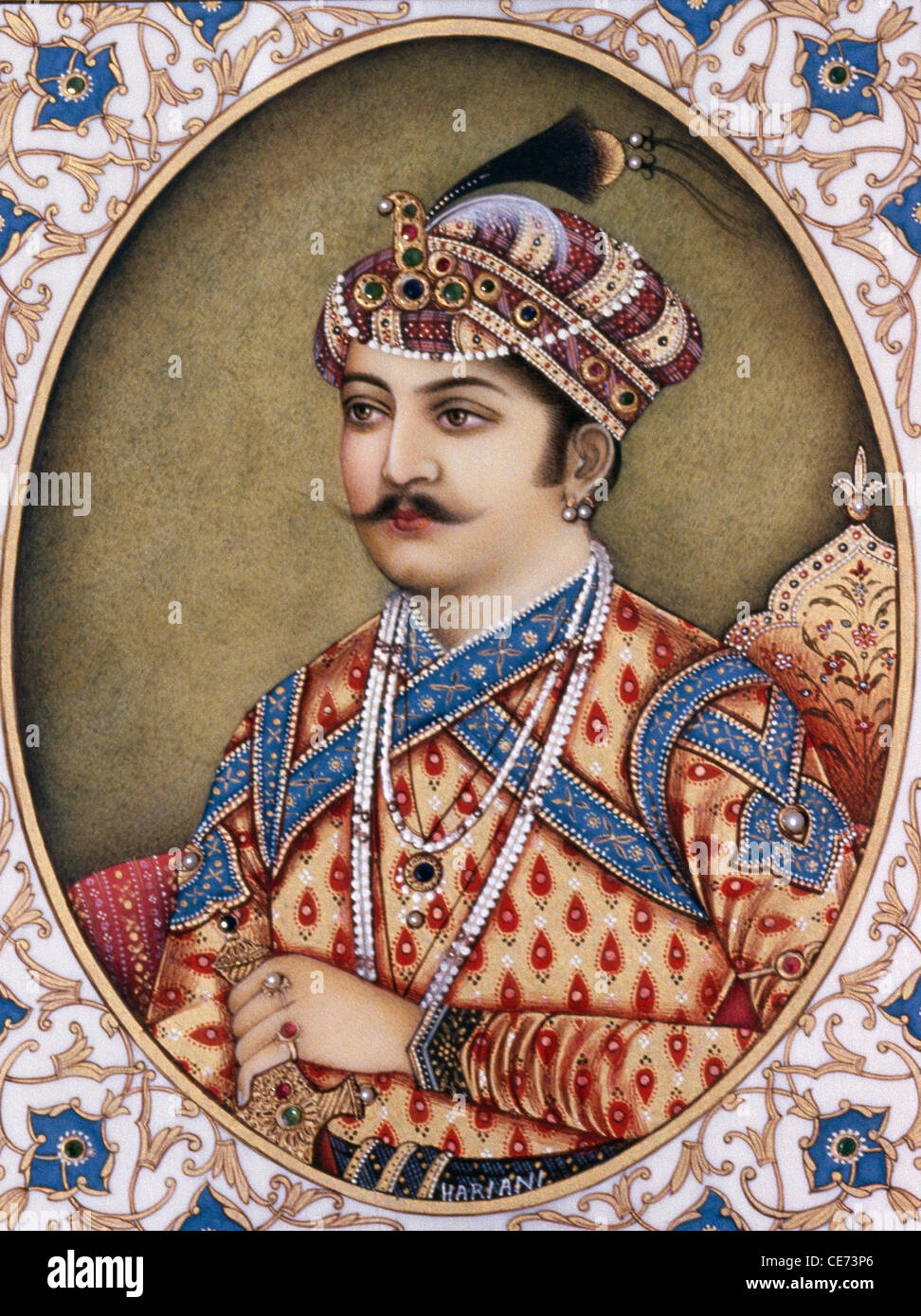 Akbar, Mughal Emperor, sitting on throne, wearing pearl necklace ...