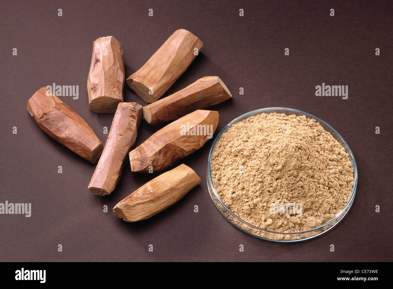 sandalwood pieces and powder ; chandan sticks and powder ; Santalum album linn ; india ; asia Stock Photo