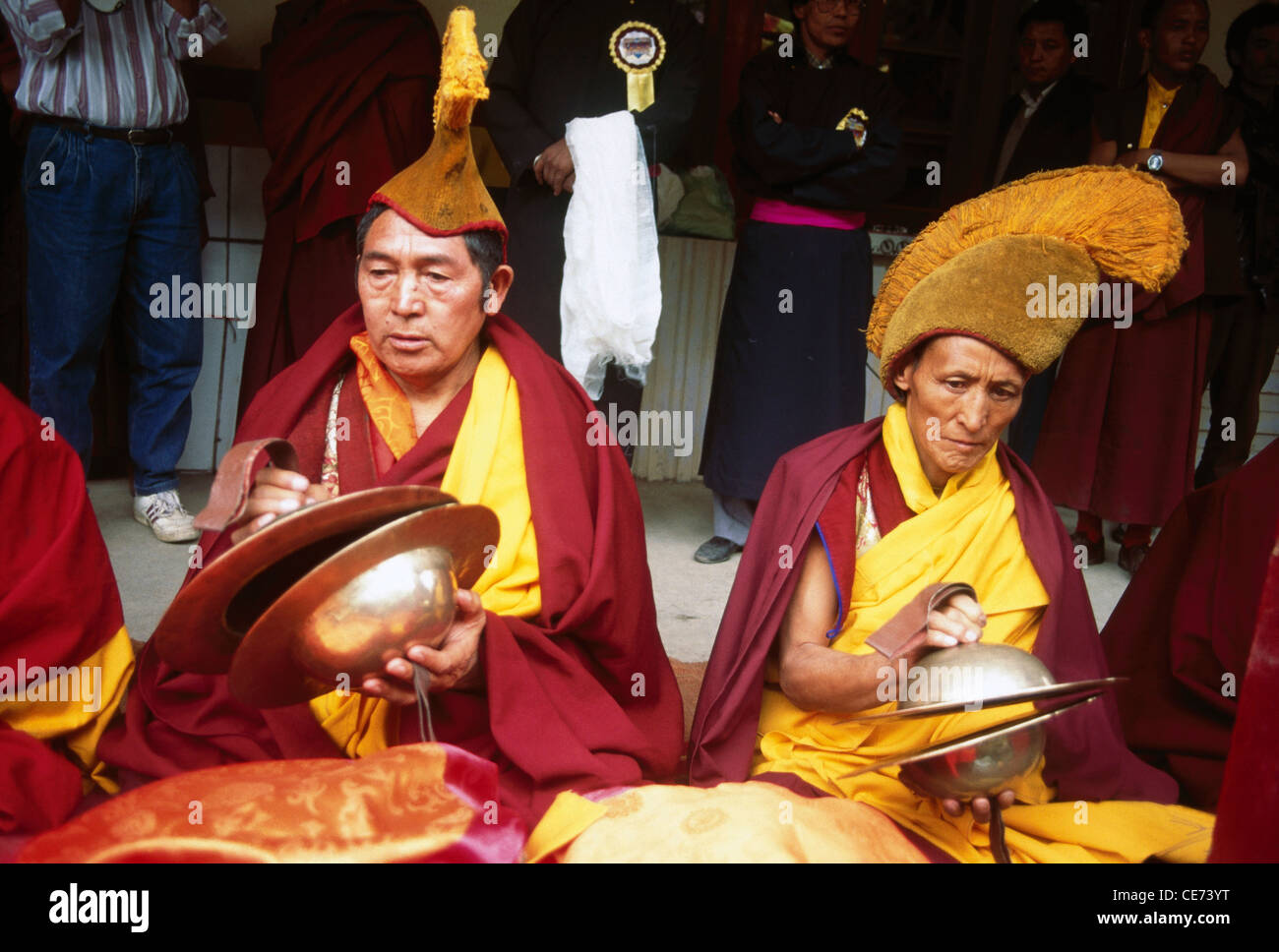 SSK 82724 : lamas playing musical instrument cymbols at ladakh festival ; leh ; ladakh ; Jammu and Kashmir ; india Stock Photo