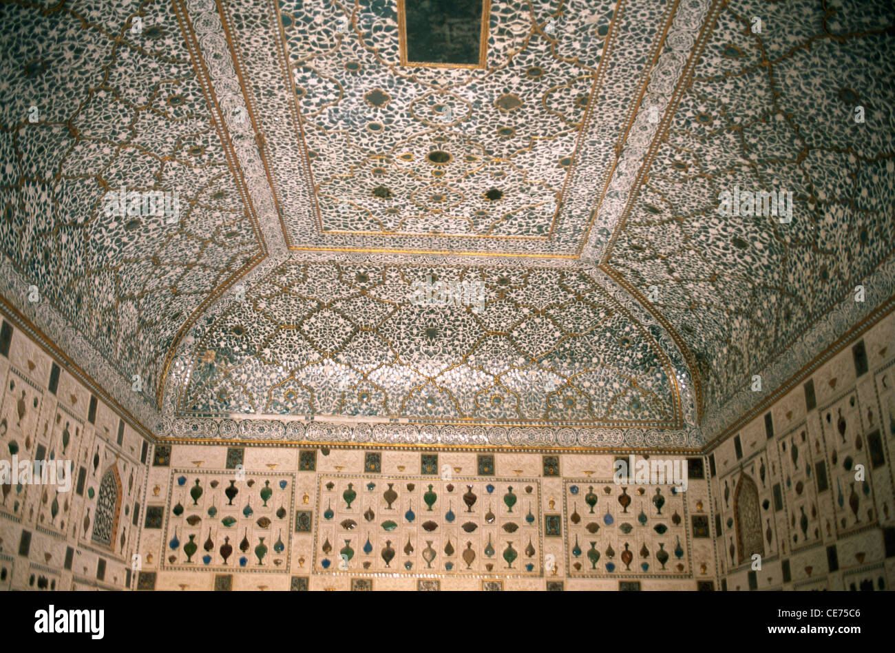 glass palace delicate mosaic work in glass to ceiling and wall sheesh mahal amber fort jaipur