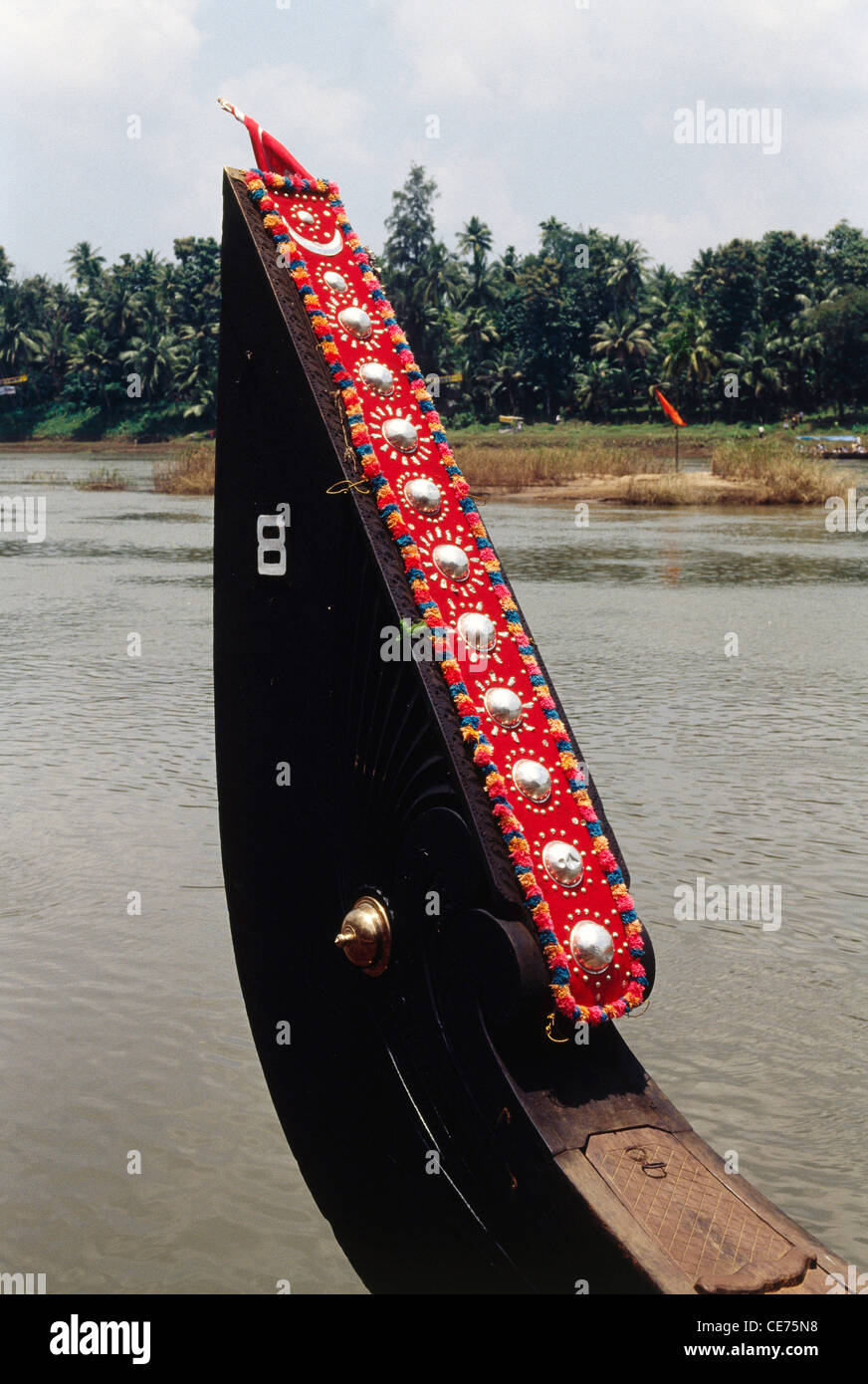 Amaram tail part of the indian snake boat decorated studded with golden orbs and fringes kerala india asia Stock Photo