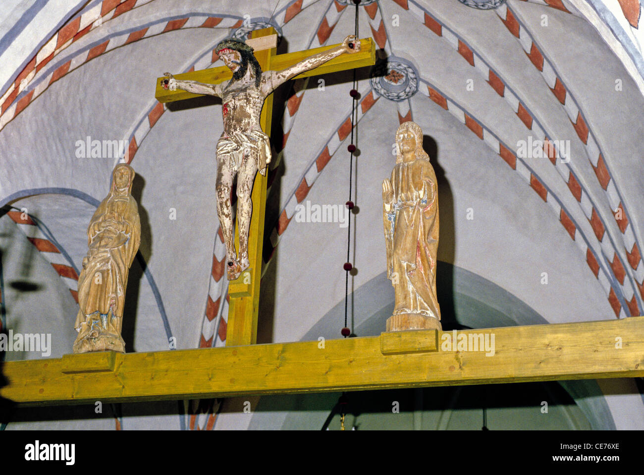 A crucifixion scene in the medieval church of St. Peter's in Lieto, Finland Stock Photo
