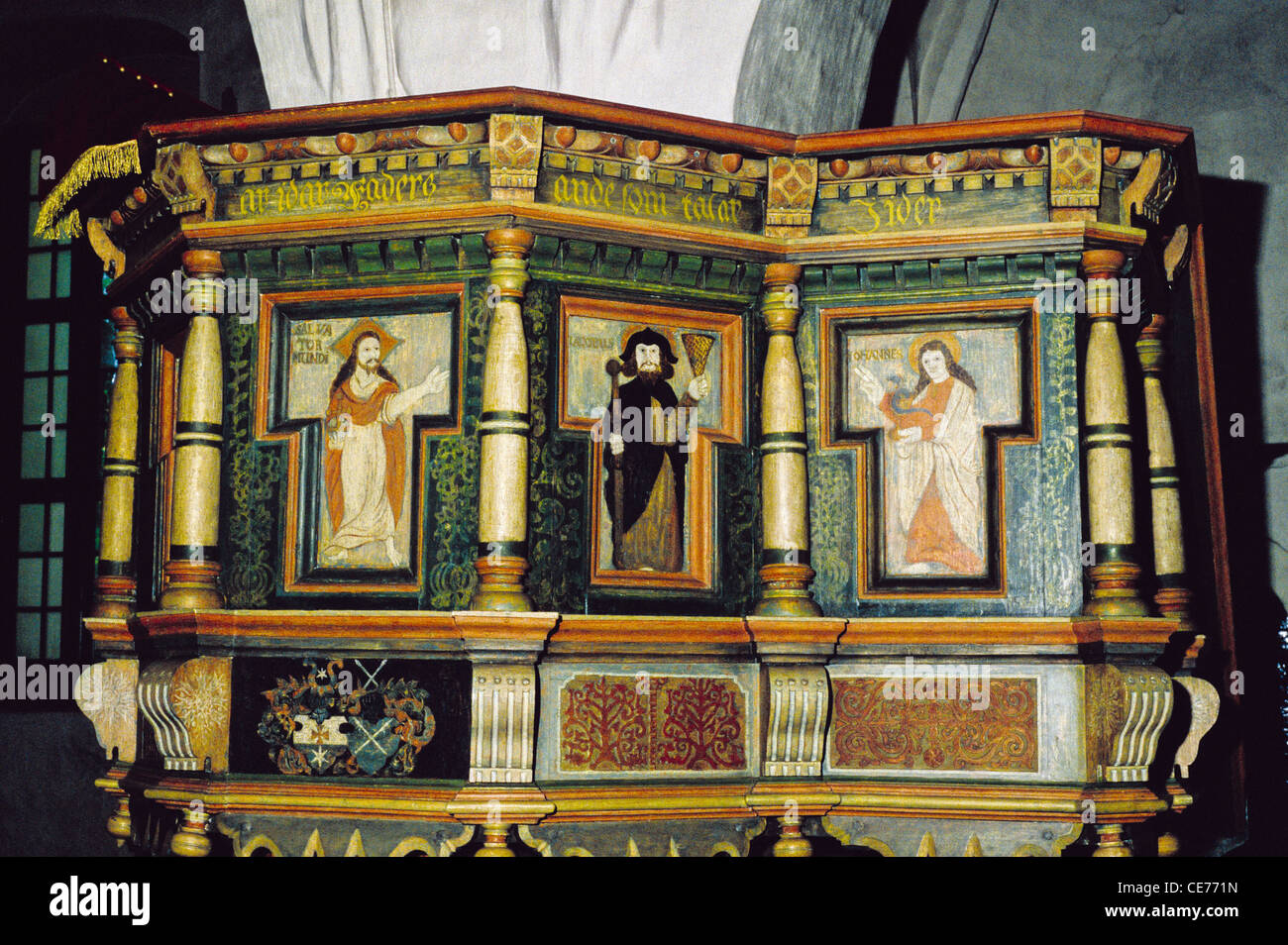 Pulpit inside the medieval stone Church of St. Olaf which was built in the middle of the 15th century, Lemu, Finland Stock Photo