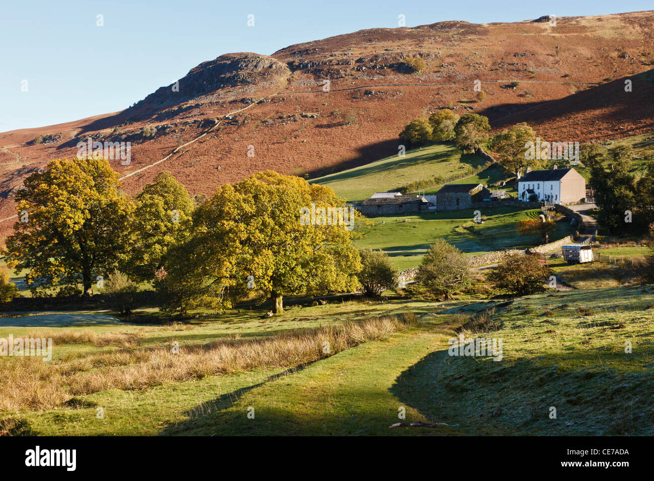 Ashness Farm and Bleaberry Fell, near Ashness Bridge, Lake District National Park, Cumbria, England Stock Photo