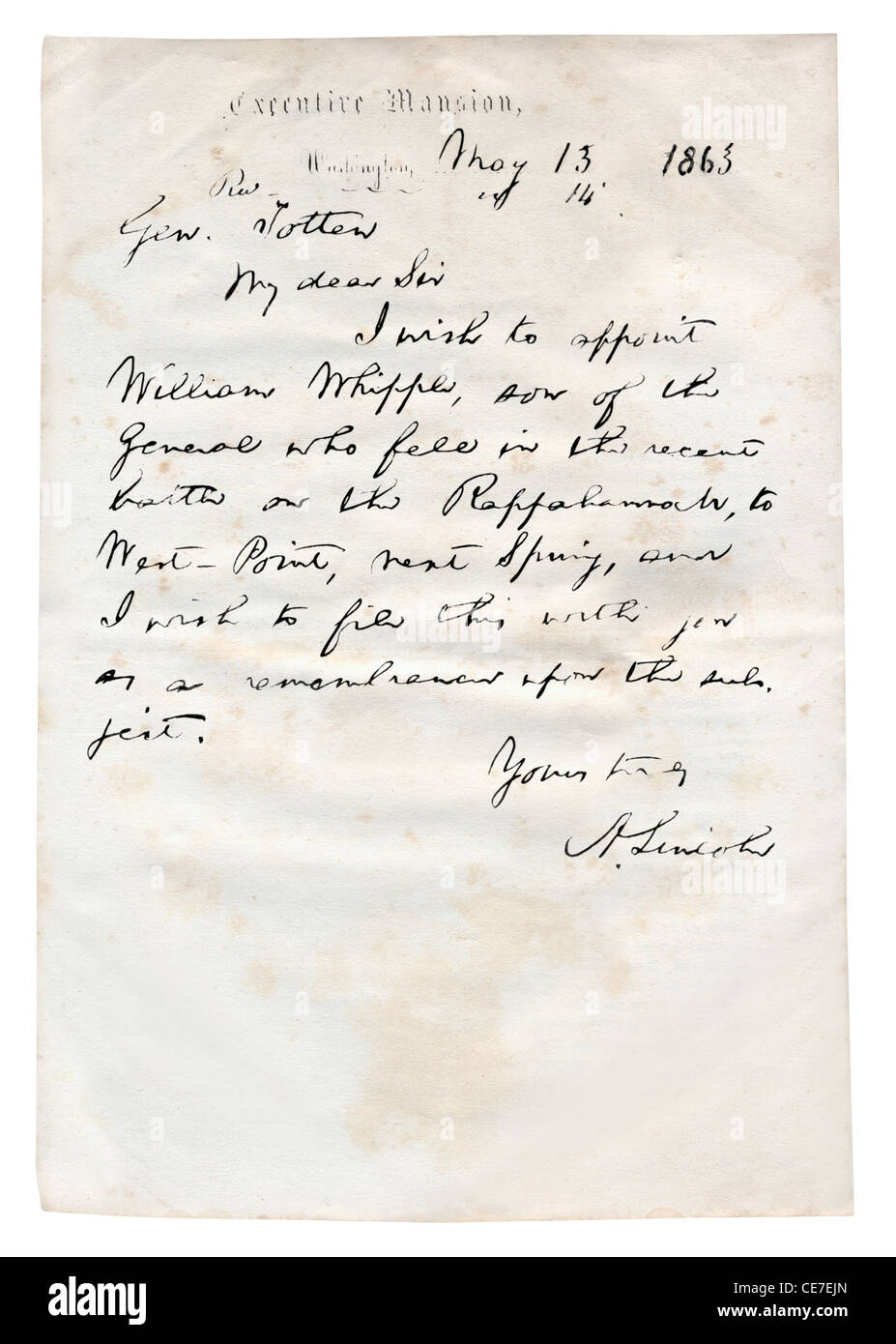 Authentic President Abraham Lincoln letter. Digital composite onto old paper. Stock Photo