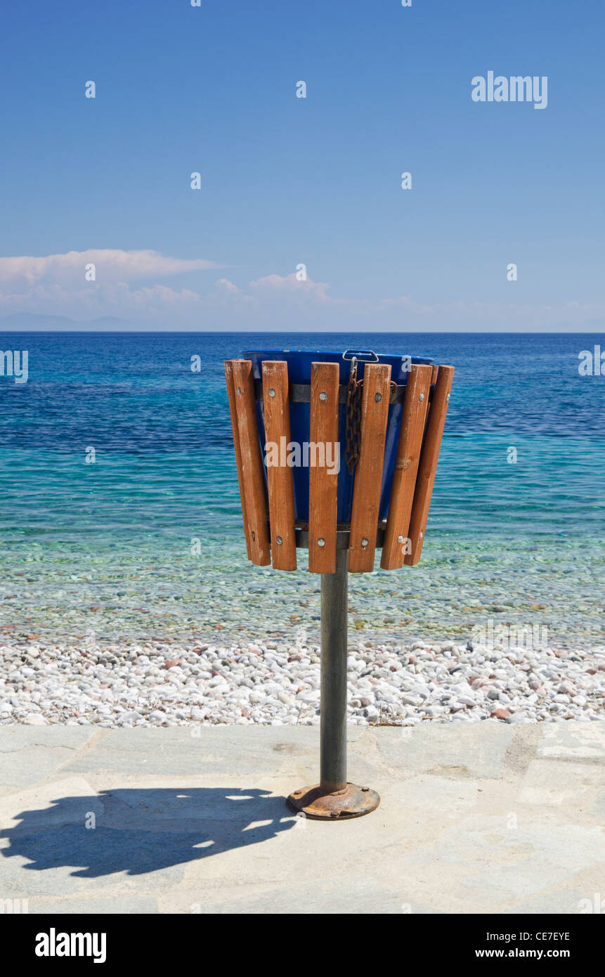 Rubbish bin by the sea in Greece Stock Photo