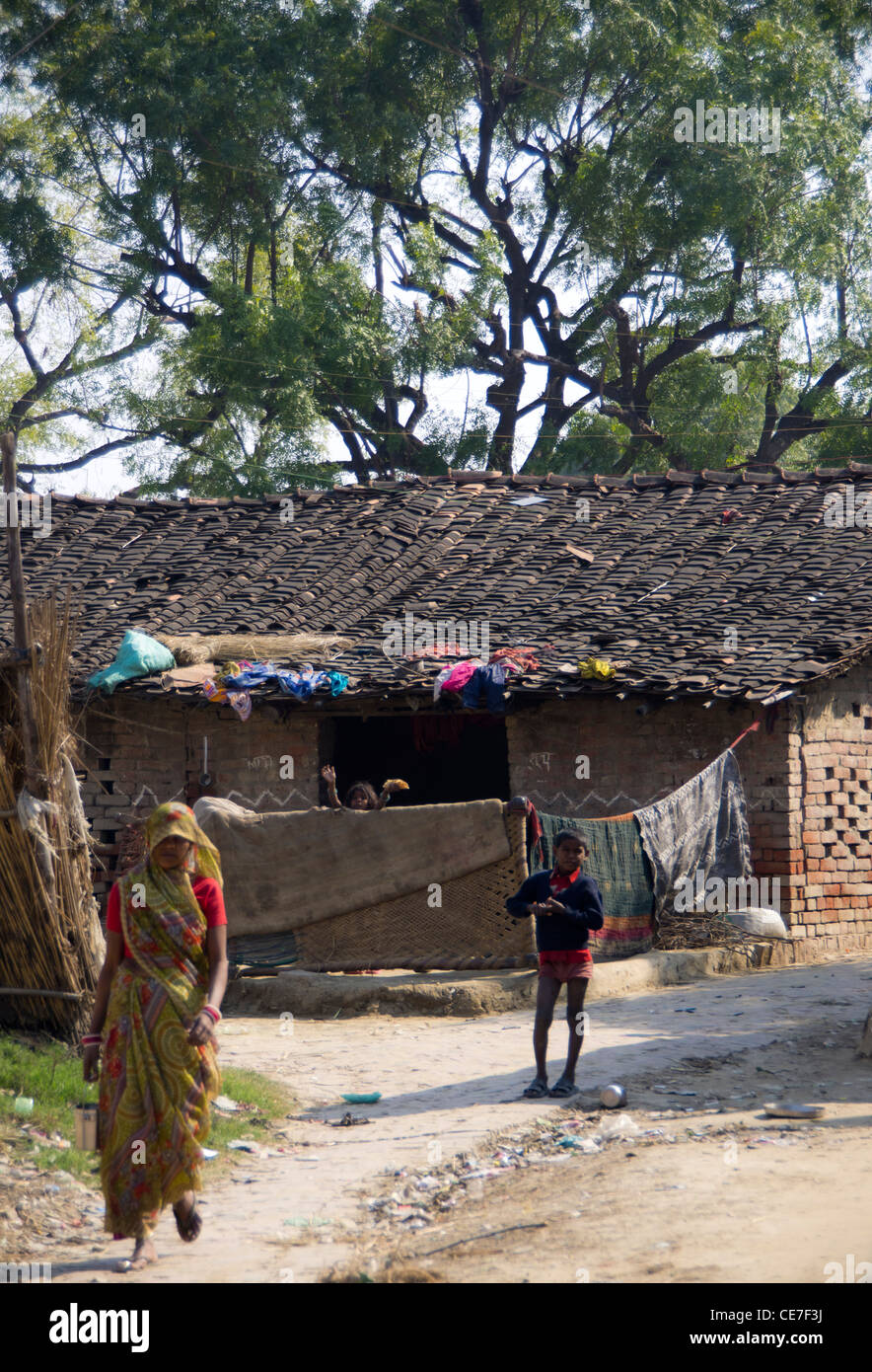 Indian woman in a sari walking on a muddy village road. Tiled hut in background with a tree Stock Photo