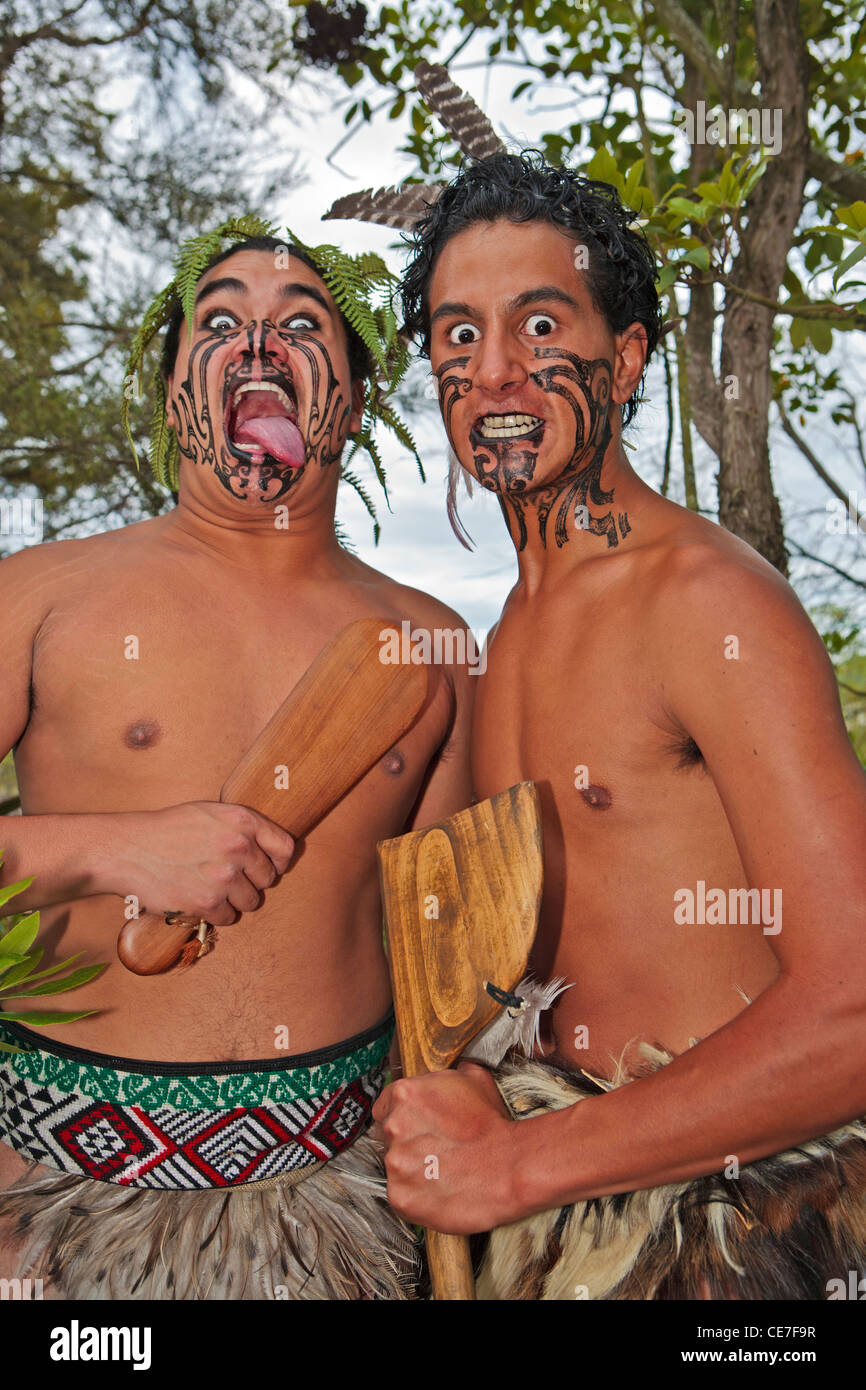 Maori Warriors at the Wairakei Terraces Maori Village near Taupo, North Island, New Zealand. Stock Photo