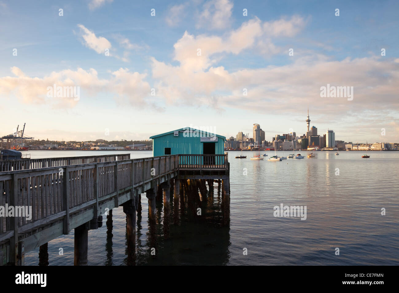 Dawn view of harbour and city skyline from Devonport waterfront. Auckland, North Island, New Zealand Stock Photo
