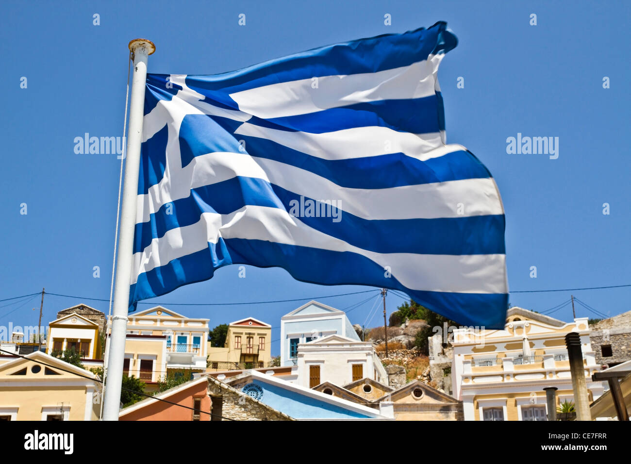 Greece flag in symi island of Rhodes Stock Photo
