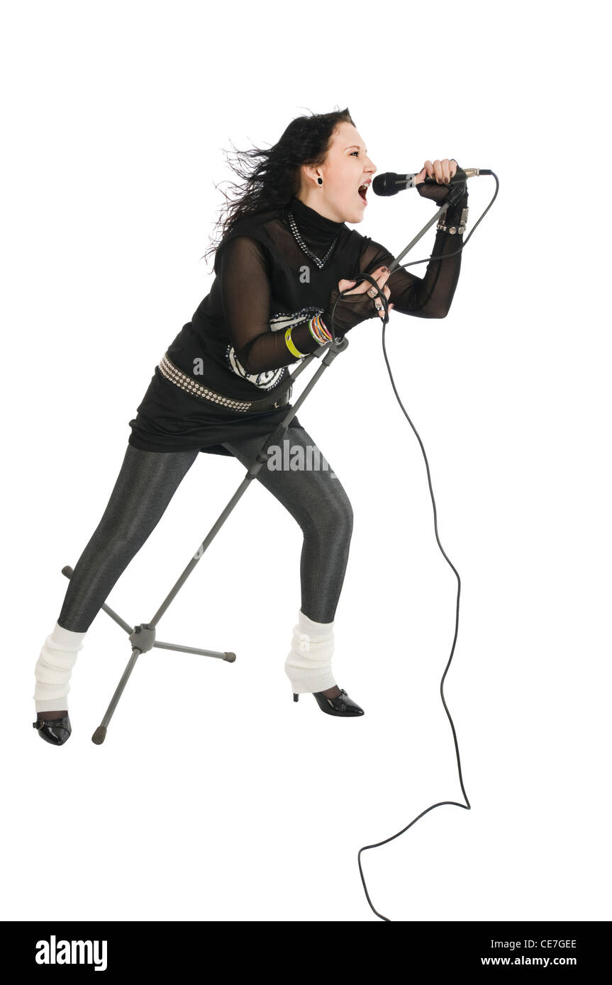 Female Rock Star Wearing Black Clothes Performing On White Stock Photo Alamy