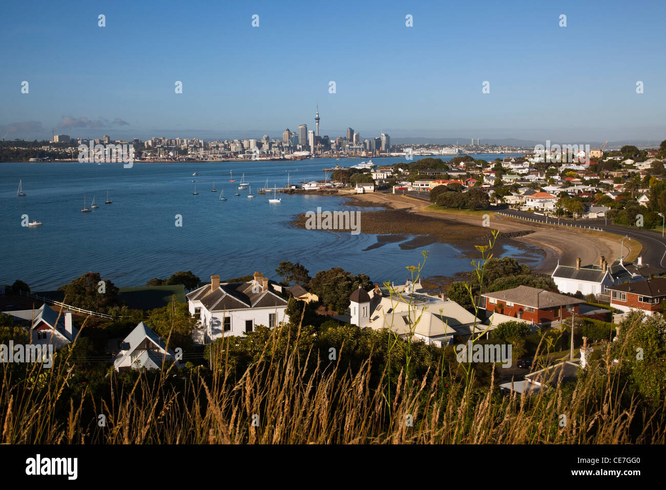 View from North Head to the harbour and city skyline. Devonport, Auckland, North Island, New Zealand Stock Photo