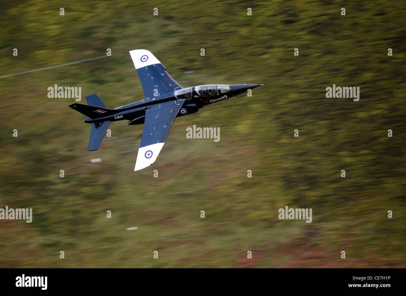 A Royal Air Force Dassault/Dornier Alpha Jet aircraft at low level on a low flying training flight over the hills of mid Wales Stock Photo