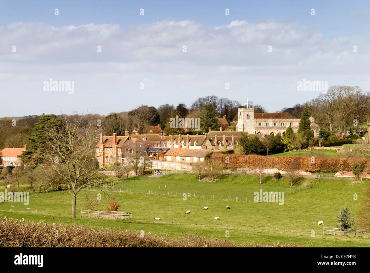 Chiltern Hills -Oxon - Ewelme village - a view across the fields to its hill top setting Stock Photo