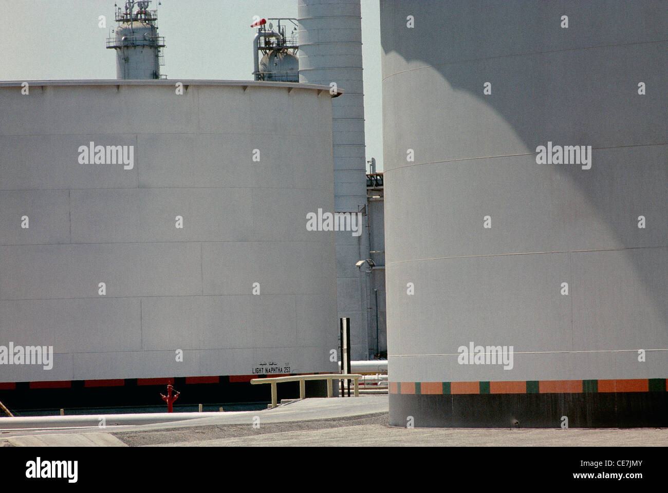 Oil storage tanks in the tank farm at the largest oil refinery in the world, located at Ras Tanura, in eastern Saudi Arabia. Stock Photo