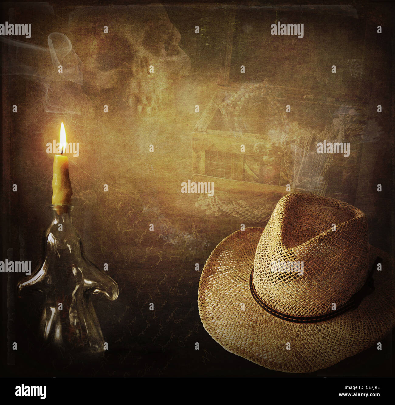 Grunge background Indiana Jones like, hut, candle, skull and treasure chest Stock Photo