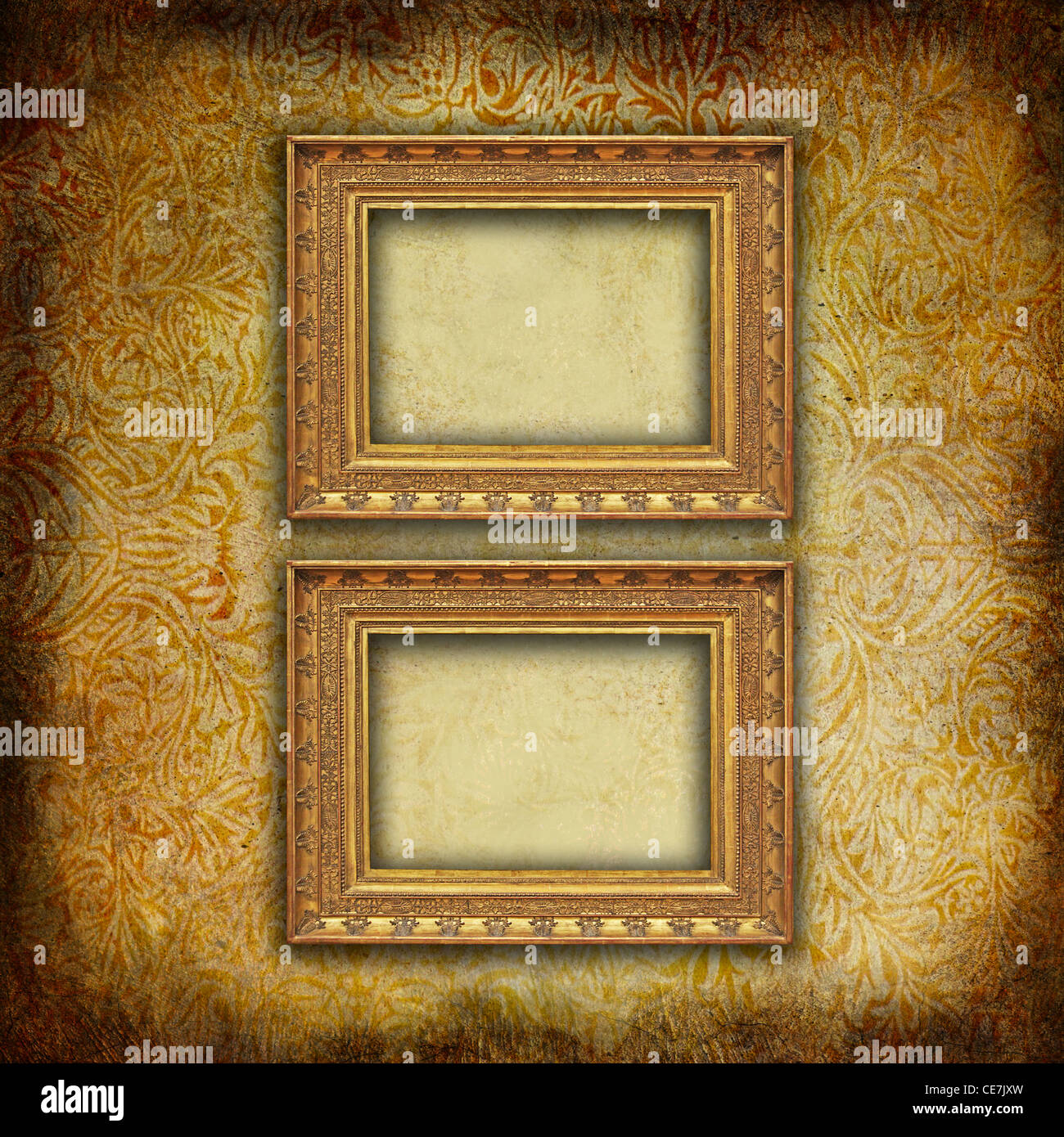 Vintage mockup, two golden antique empty frames on a grunge floral