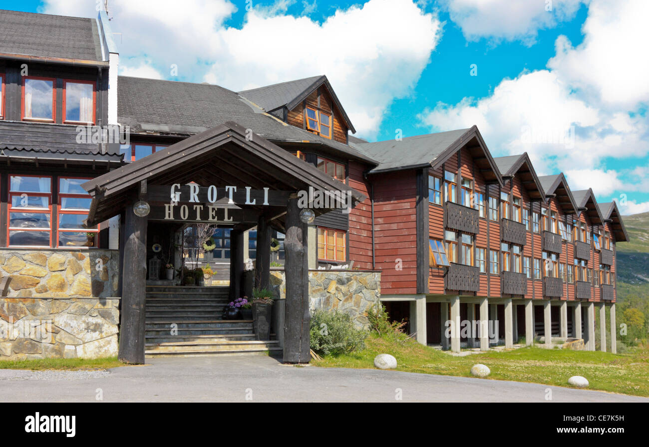 Grotli Hotel, built in traditional historical style in the Norwegian Mountains, on the mountain pass road to Geiranger Stock Photo