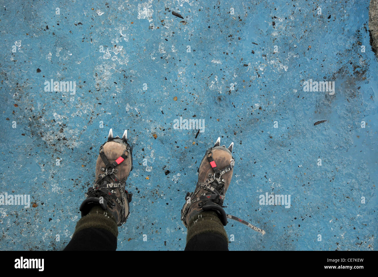 Boots with crampons fitted for a walk on the ice, Perito Moreno Glacier, Los Glaciares National Park, Patagonia, Argentina Stock Photo