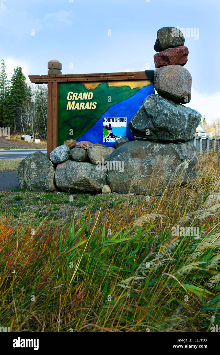 Sign for Grand Marais, Minnesota, a town in the popular North Shore tourist area along Lake Superior. Stock Photo