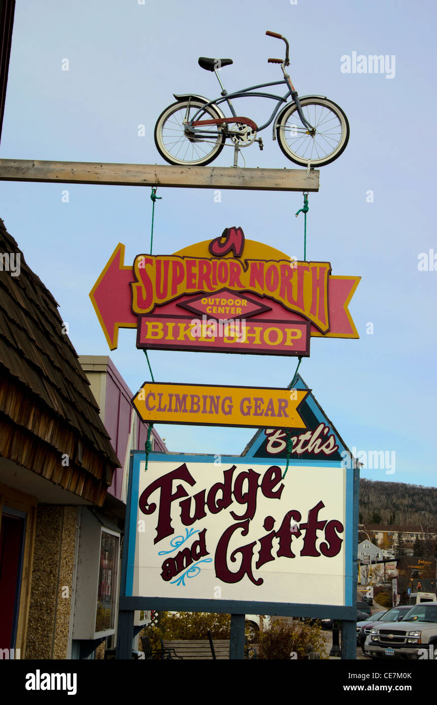 Shops in Grand Marais, Minnesota, a popular village on the North Shore along Lake Superior. Stock Photo