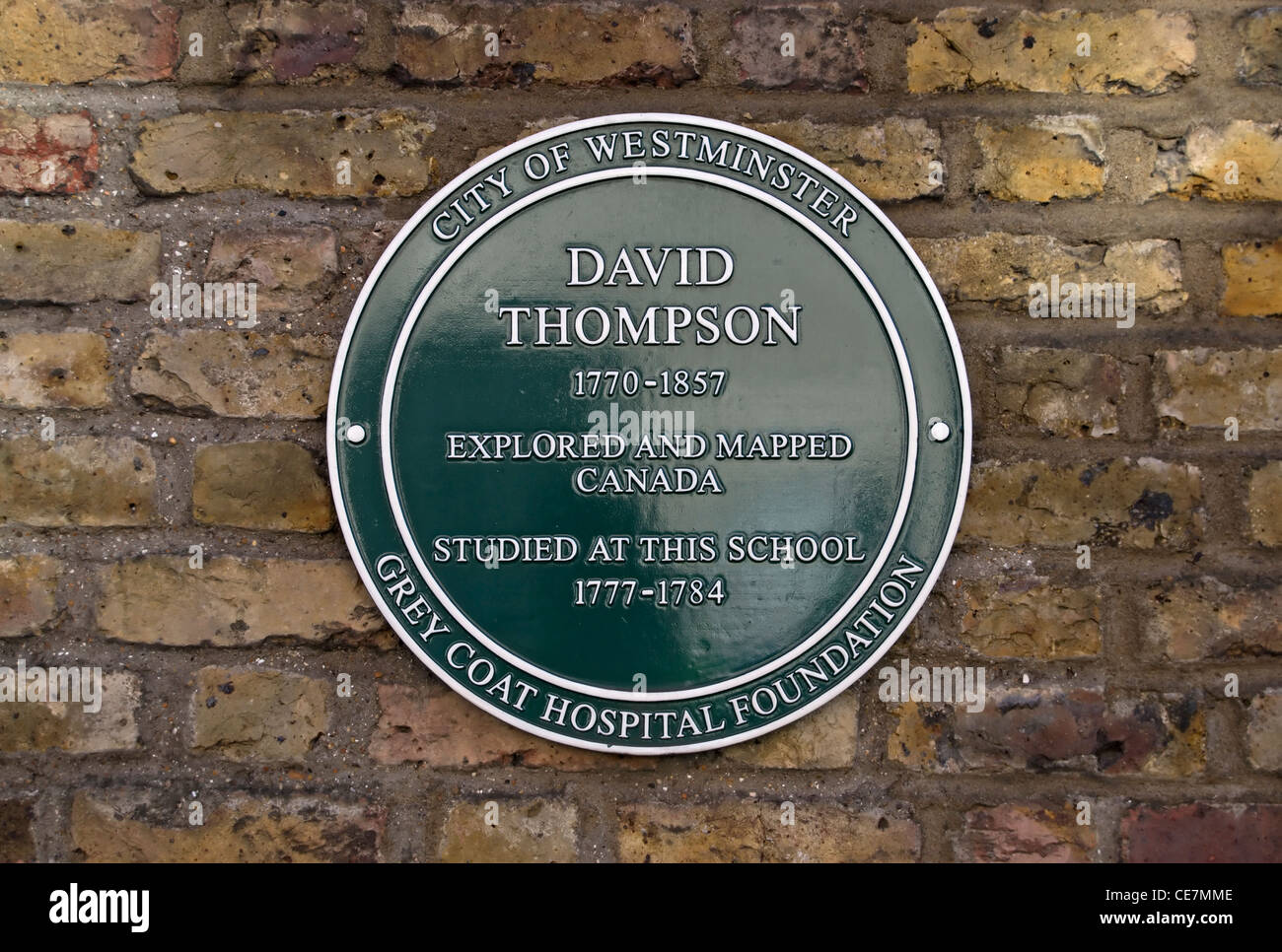 city of westminster plaque marking the school attended by david thompson, explorer and geographer and a mapper of canada Stock Photo