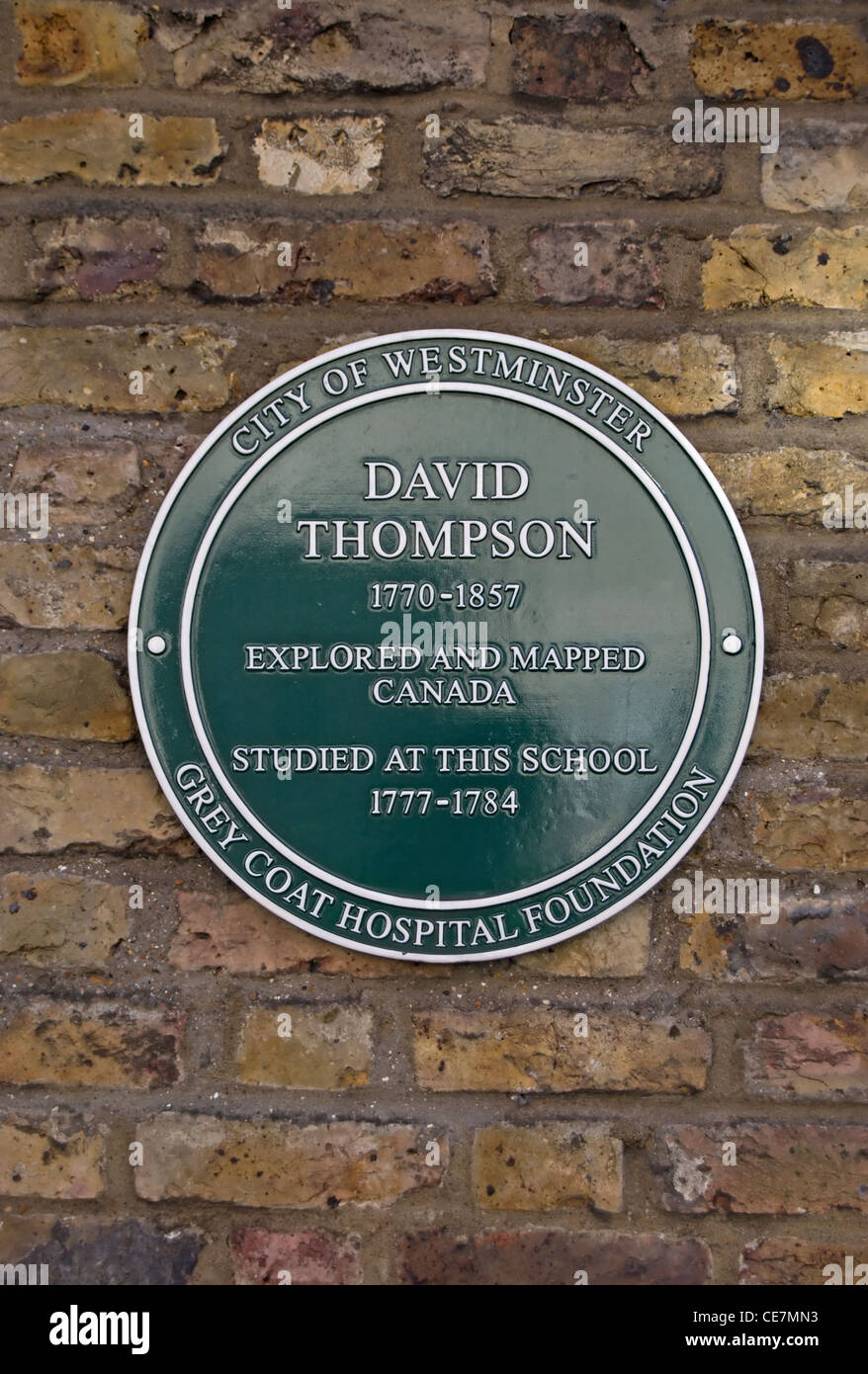 city of westminster plaque marking the school attended by david thompson, explorer and geographer and a mapper of canada Stock Photo