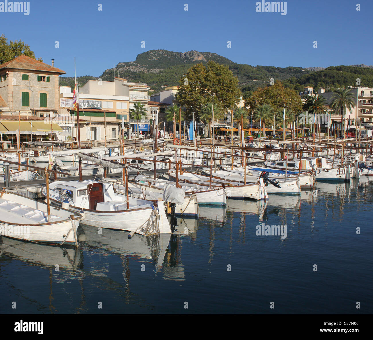 Traditional wooden Menorquin / Mallorquin wooden boats in Puerto Soller / Port of Soller, North West Mallorca / Majorca Stock Photo