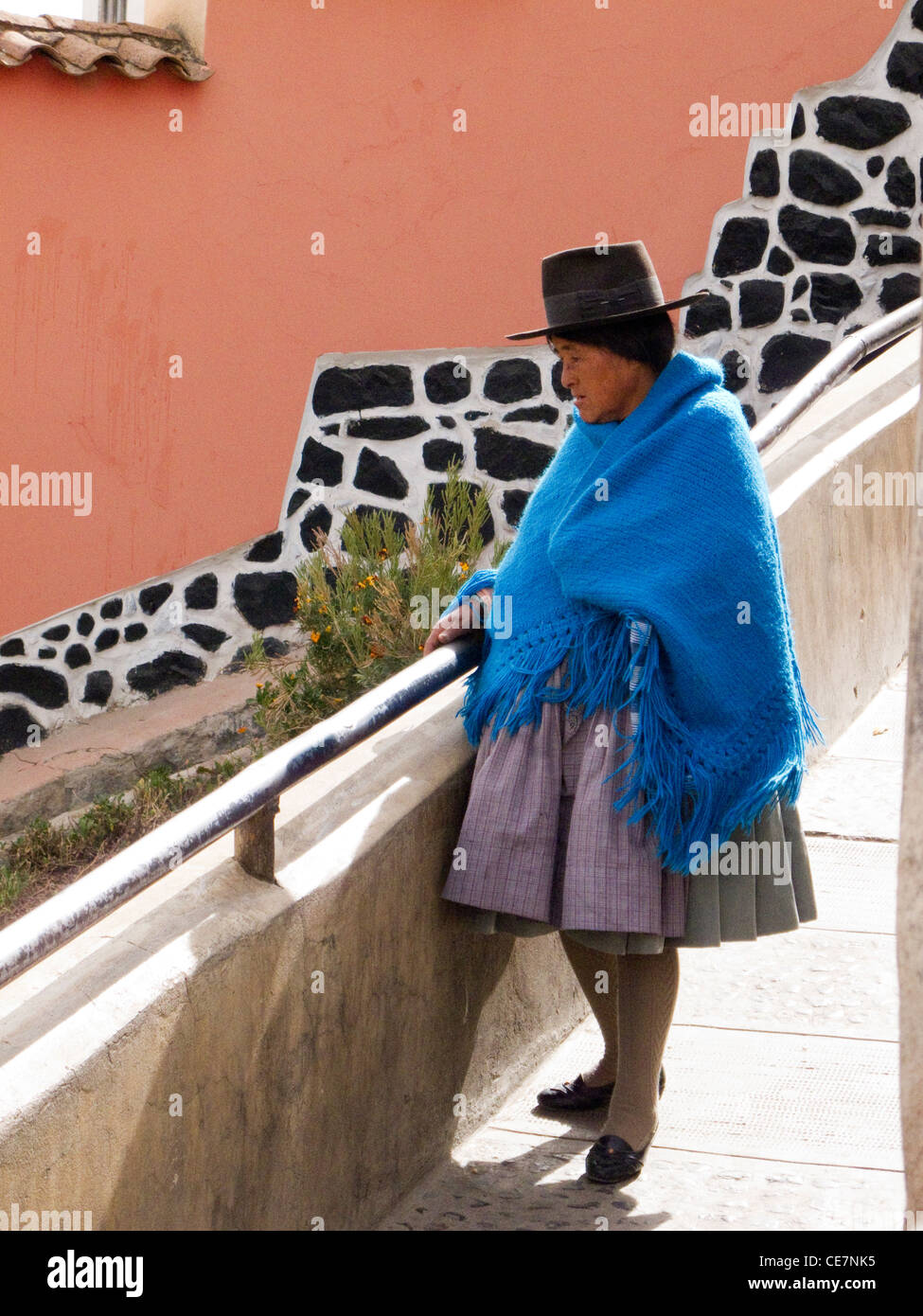 Bolivia woman wearing bowler hat and shawl Stock Photo