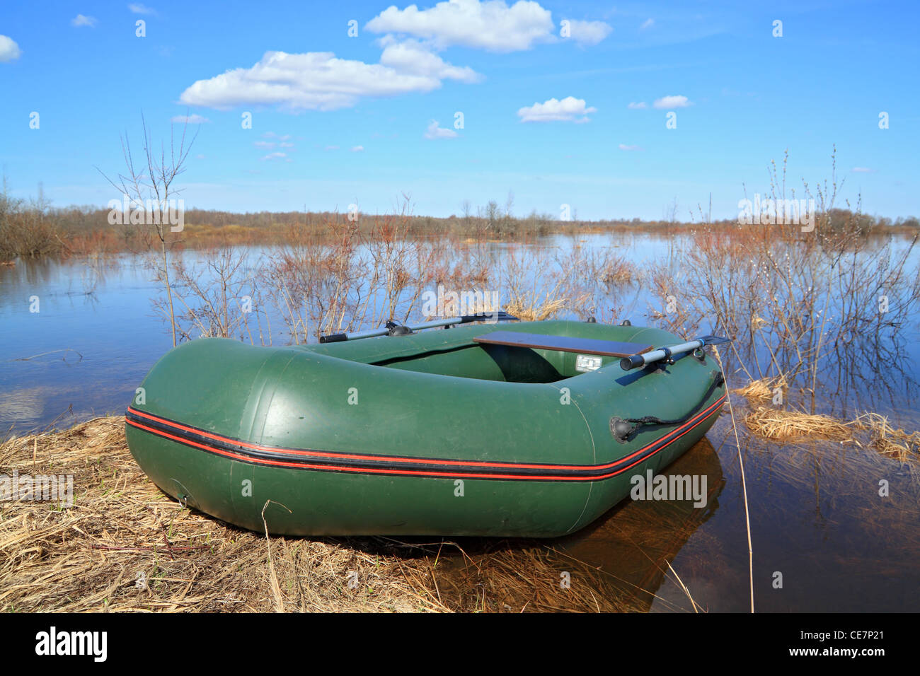 rubber boat on coast river Stock Photo Alamy