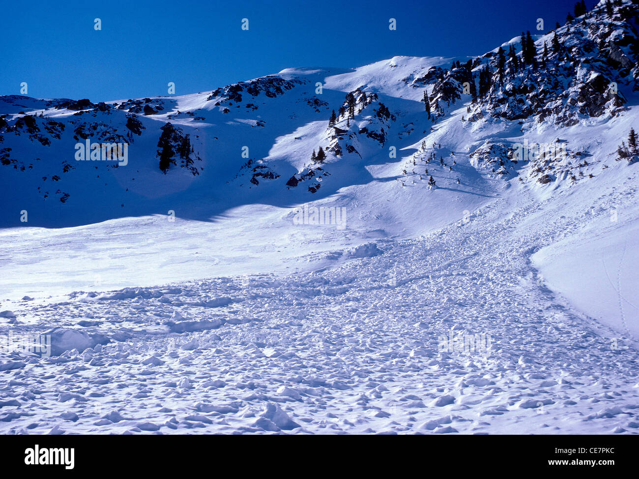 Debris field from a snow avalanche, Taos, New Mexico, USA Stock Photo