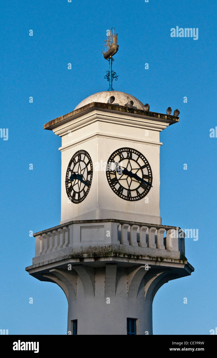 Clock on the Captain Scott memorial lighthouse on Roath Park Lake in ...