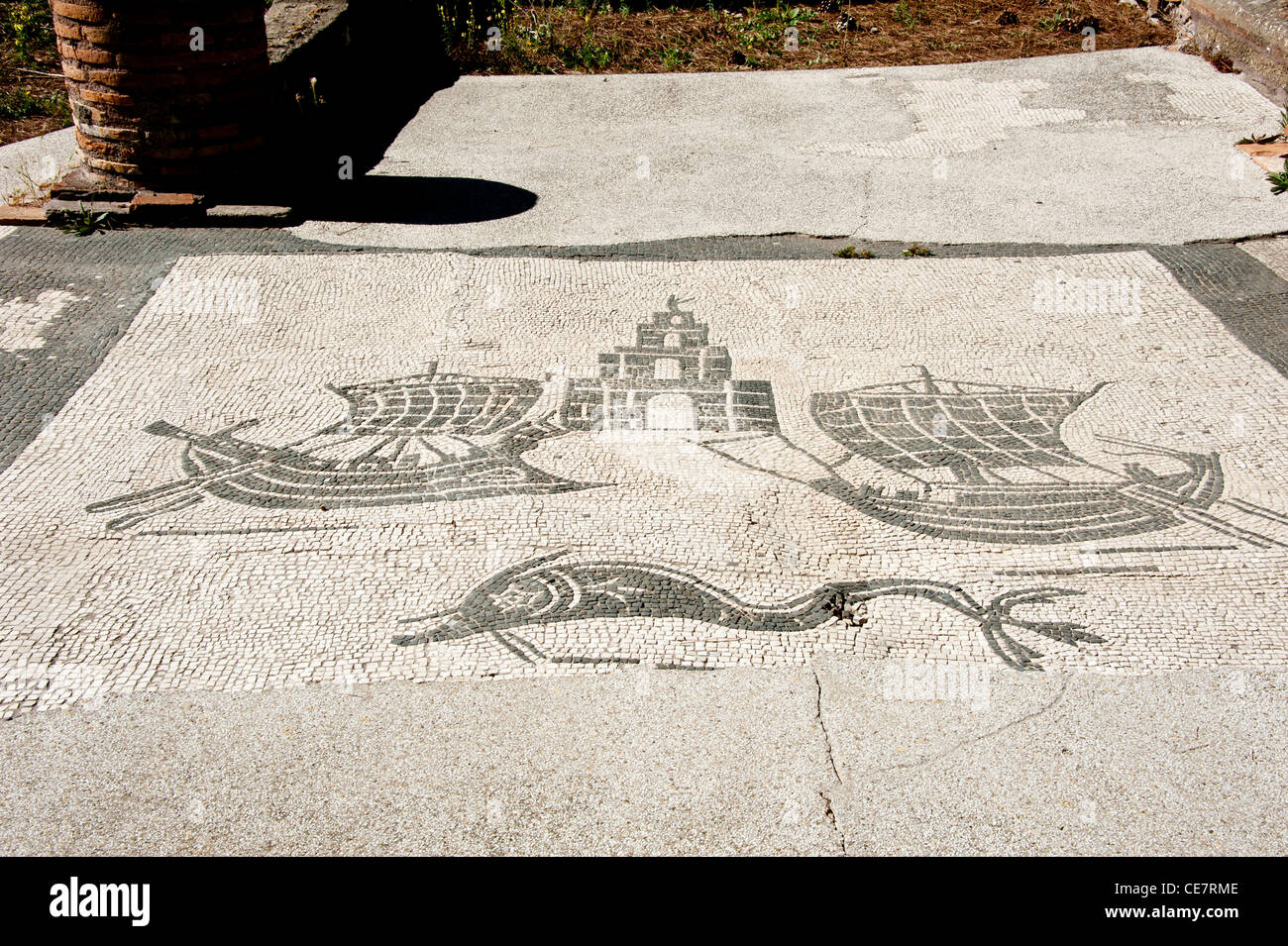 Mosaic designs in Ostia Antic were designed to designate the goods sold in the local shop. Stock Photo