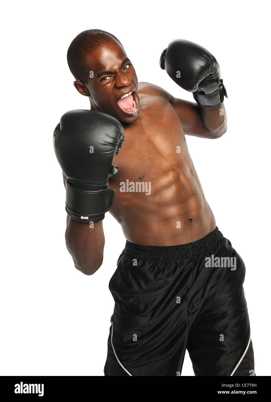 African American boxer fighting isolated over white background Stock Photo