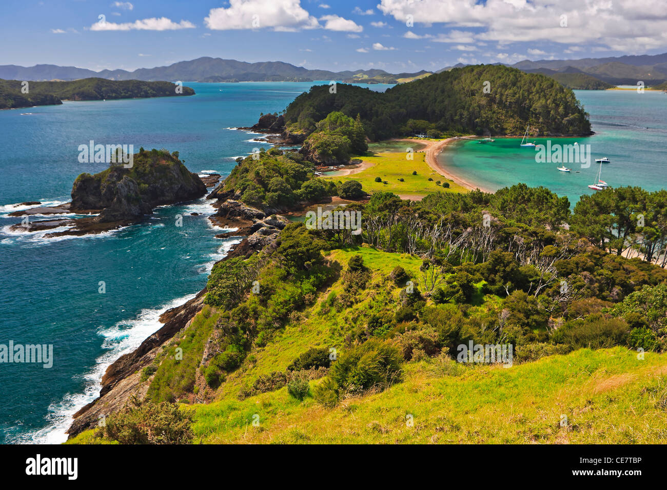 View over Motuarohia (Roberton) Island from the 350m long track in the Bay of Islands, Northland, East Coast, North Island, New Stock Photo