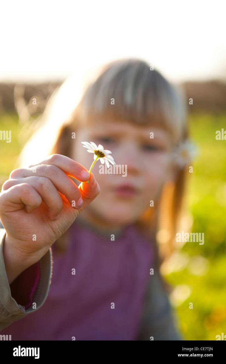 Cute little girl outdoors on a green field with a flower Stock Photo ...