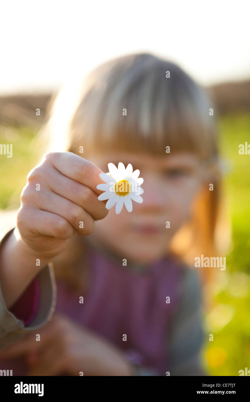 Cute little girl outdoors on a green field with a flower Stock Photo ...