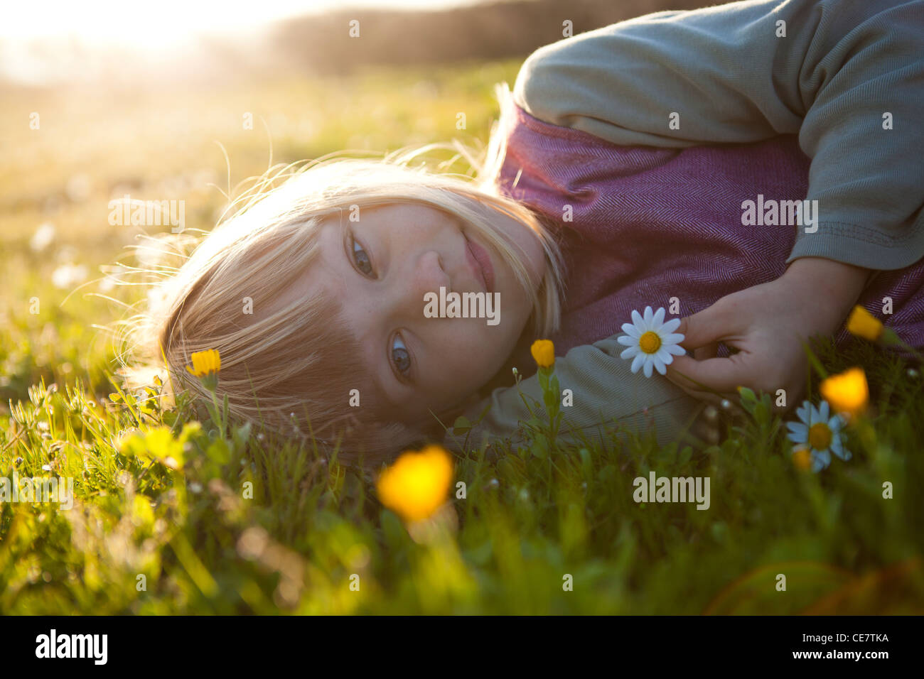 Cute little girl outdoors on a green field with flowers Stock Photo - Alamy