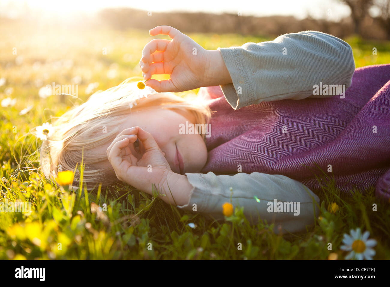 Cute little girl outdoors on a green field with flowers Stock Photo - Alamy