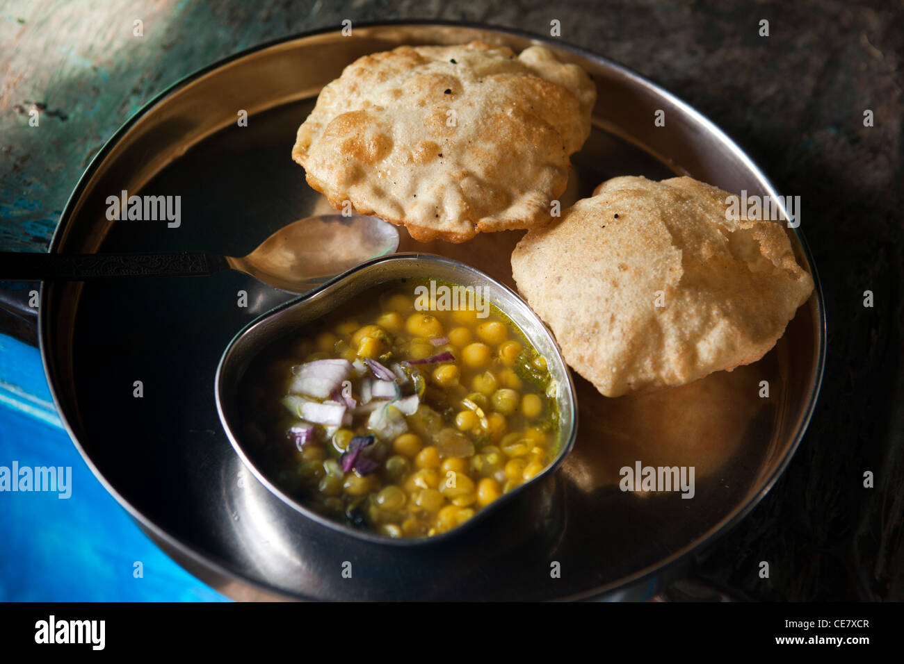 India, Arunachal Pradesh, Tawang, Jang Village, breakfast, chana dal and puri bread Stock Photo