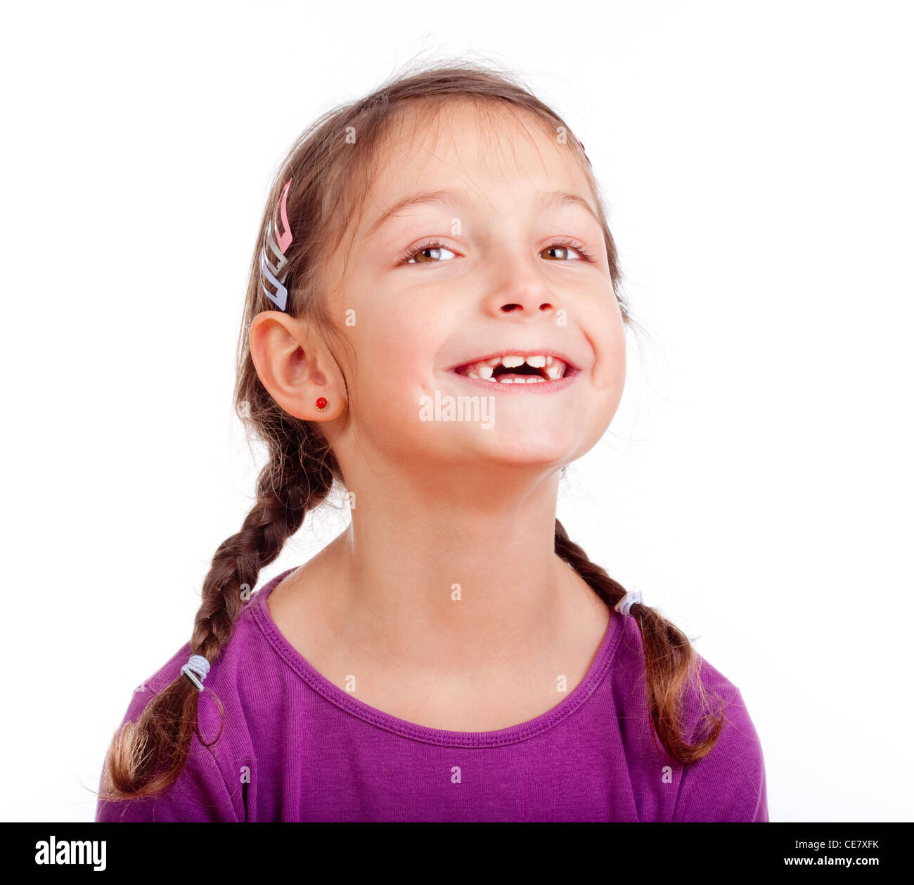 portrait of a little girl with braids - isolated on white Stock Photo ...