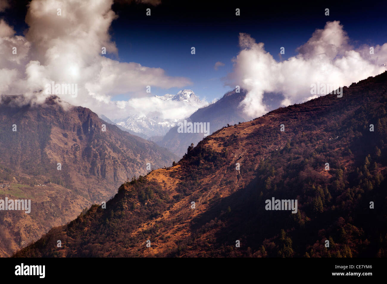 India, Arunachal Pradesh, Tawang Valley view of snow capped Himalayan peaks from Jang Stock Photo