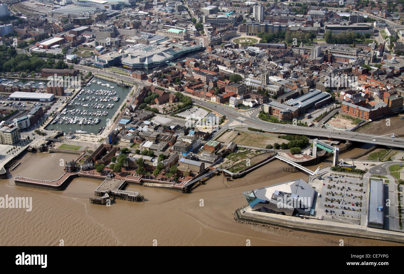 Aerial photograph of Hull from over the Humber Estuary showing The Deep and Hull Marina plus the city centre Stock Photo